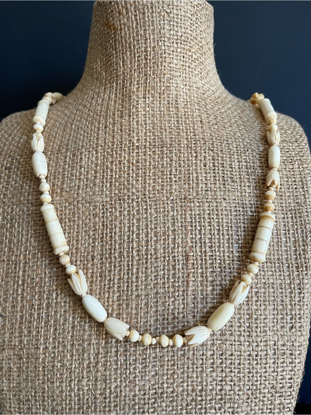 Vintage carved bone beaded Necklace .